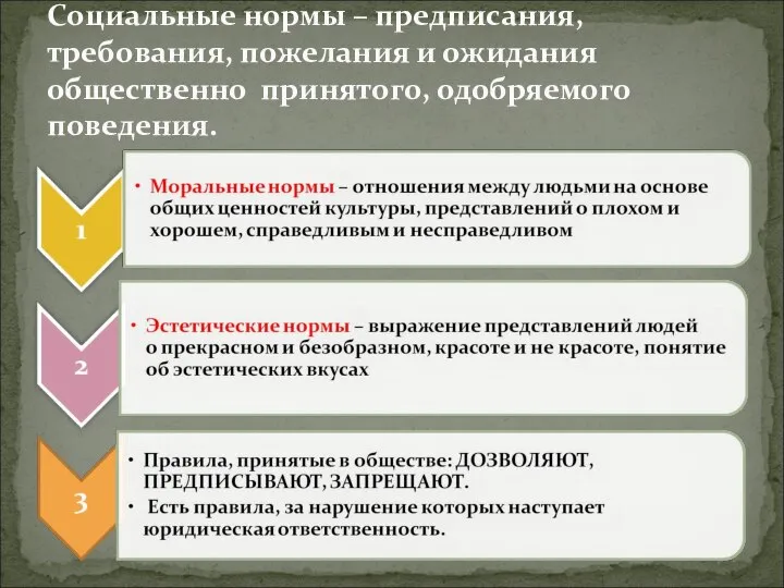 Социальные нормы – предписания, требования, пожелания и ожидания общественно принятого, одобряемого поведения.