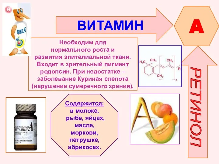 ВИТАМИН A РЕТИНОЛ Необходим для нормального роста и развития эпителиальной ткани.