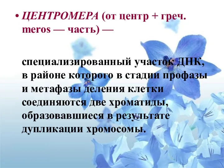 ЦЕНТРОМЕРА (от центр + греч. meros — часть) — специализированный участок