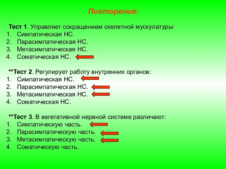 Повторение: Тест 1. Управляет сокращением скелетной мускулатуры: Симпатическая НС. Парасимпатическая НС.