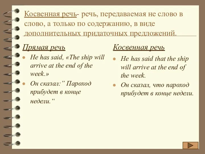 Косвенная речь- речь, передаваемая не слово в слово, а только по