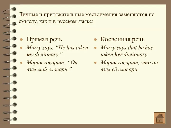 Прямая речь Marry says, “He has taken my dictionary.” Мария говорит: