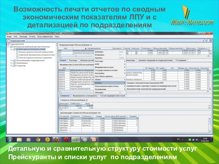 Возможность печати отчетов по сводным экономическим показателям ЛПУ и с детализацией