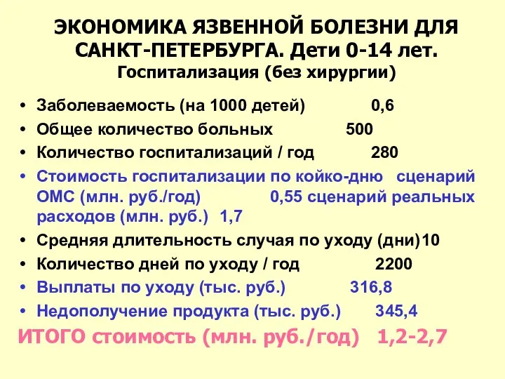 ЭКОНОМИКА ЯЗВЕННОЙ БОЛЕЗНИ ДЛЯ САНКТ-ПЕТЕРБУРГА. Дети 0-14 лет. Госпитализация (без хирургии)