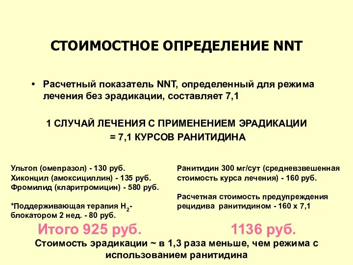 СТОИМОСТНОЕ ОПРЕДЕЛЕНИЕ NNT Расчетный показатель NNT, определенный для режима лечения без