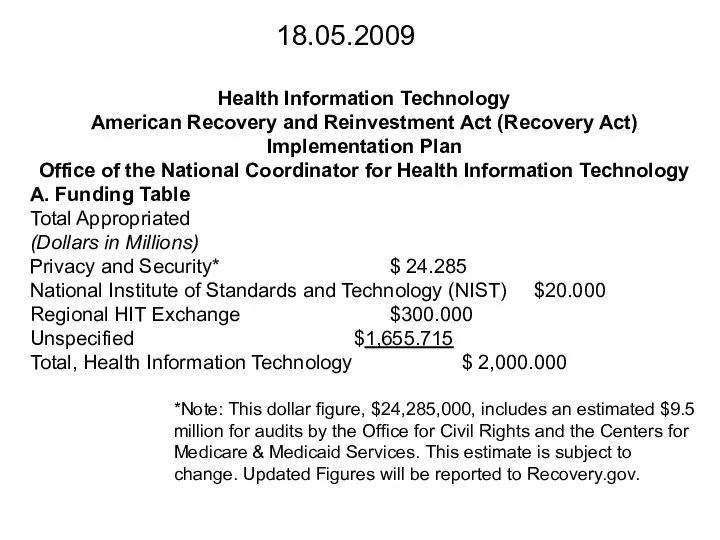 Health Information Technology American Recovery and Reinvestment Act (Recovery Act) Implementation