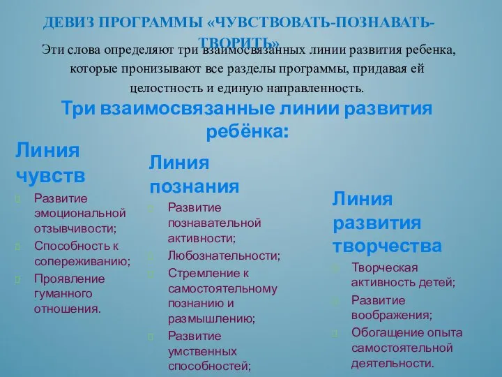 Эти слова определяют три взаимосвязанных линии раз­вития ребенка, которые пронизывают все