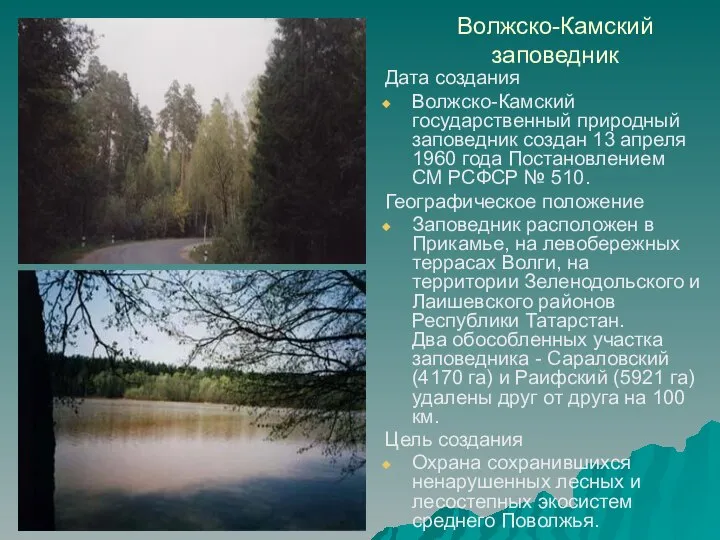 Волжско-Камский заповедник Дата создания Волжско-Камский государственный природный заповедник создан 13 апреля