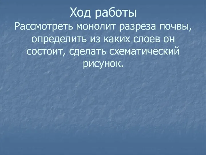 Ход работы Рассмотреть монолит разреза почвы, определить из каких слоев он состоит, сделать схематический рисунок.