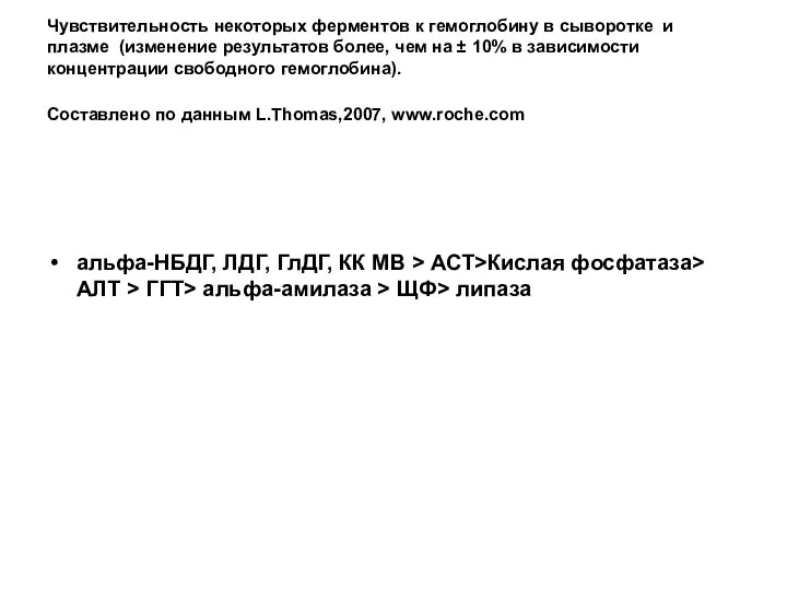 Чувствительность некоторых ферментов к гемоглобину в сыворотке и плазме (изменение результатов