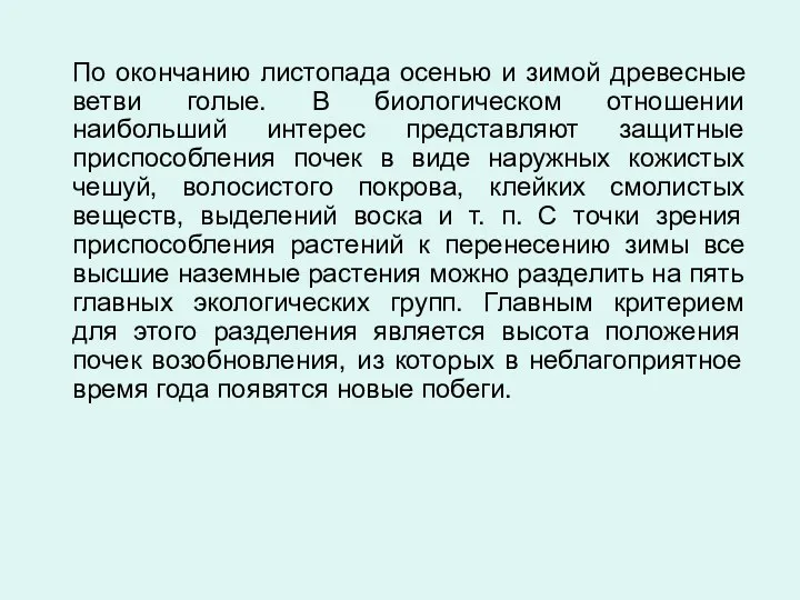 По окончанию листопада осенью и зимой древесные ветви голые. В биологическом