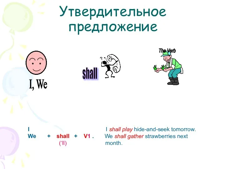 The Verb Утвердительное предложение I I shall play hide-and-seek tomorrow. We