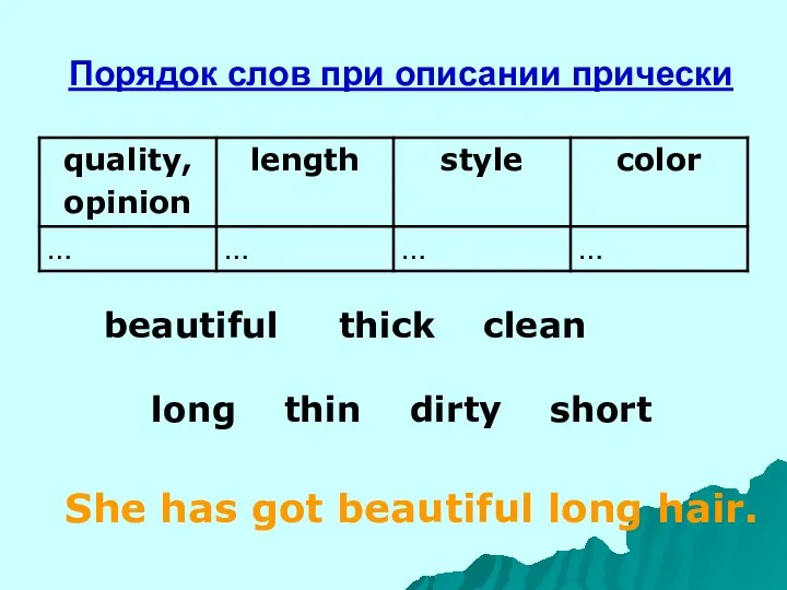 Порядок слов при описании прически beautiful thick clean long thin dirty