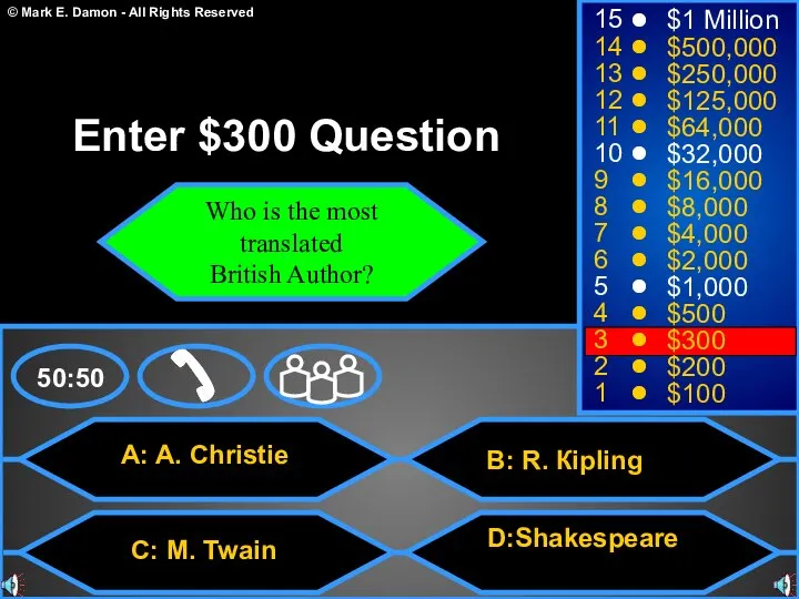 A: A. Christie C: M. Twain D:Shakespeare 50:50 15 14 13