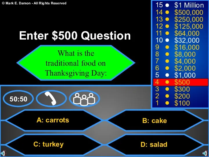 A: carrots C: turkey B: cake D: salad 50:50 15 14