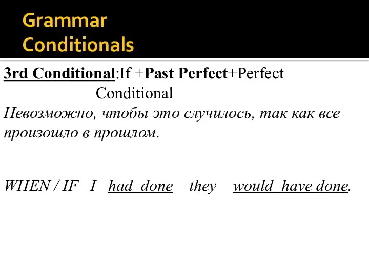 Grammar Conditionals 3rd Conditional:If +Past Perfect+Perfect Conditional Невозможно, чтобы это случилось,