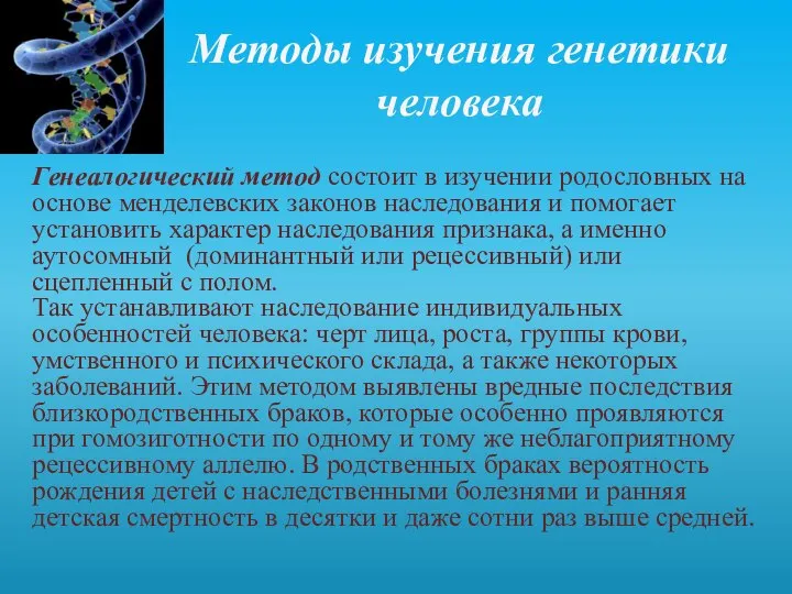 Методы изучения генетики человека Генеалогический метод состоит в изучении родословных на