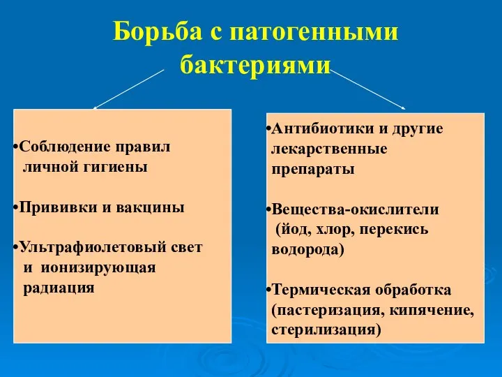 Борьба с патогенными бактериями Соблюдение правил личной гигиены Прививки и вакцины