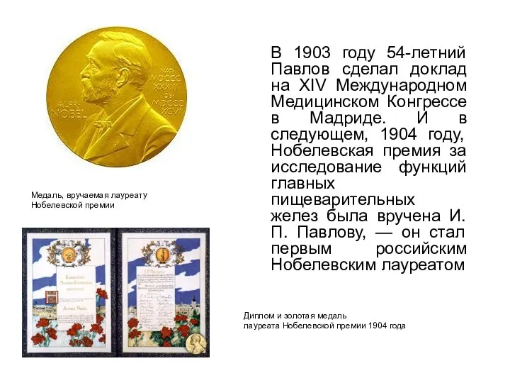 В 1903 году 54-летний Павлов сделал доклад на XIV Международном Медицинском