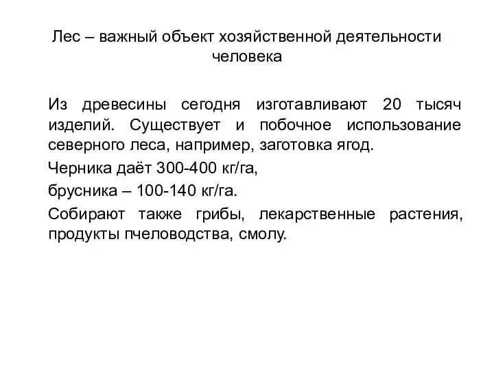 Лес – важный объект хозяйственной деятельности человека Из древесины сегодня изготавливают