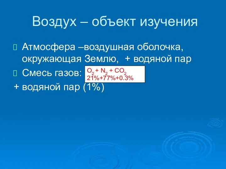 Воздух – объект изучения Атмосфера –воздушная оболочка, окружающая Землю, + водяной