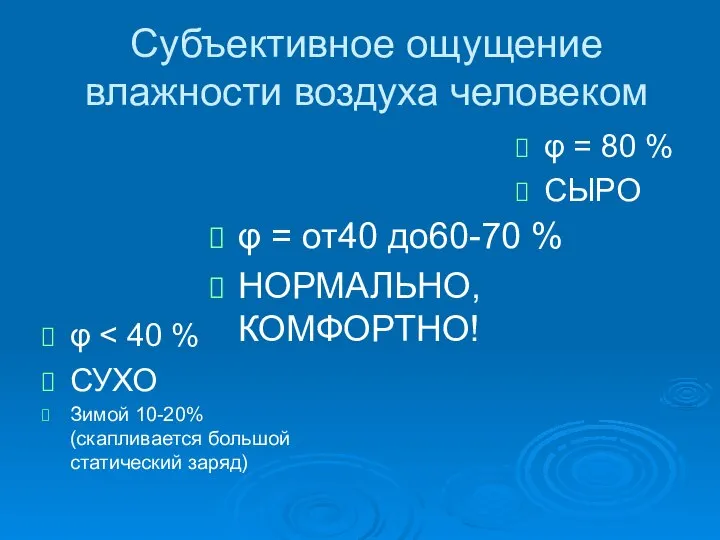 Субъективное ощущение влажности воздуха человеком φ СУХО Зимой 10-20% (скапливается большой