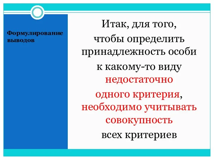 Формулирование выводов Итак, для того, чтобы определить принадлежность особи к какому-то