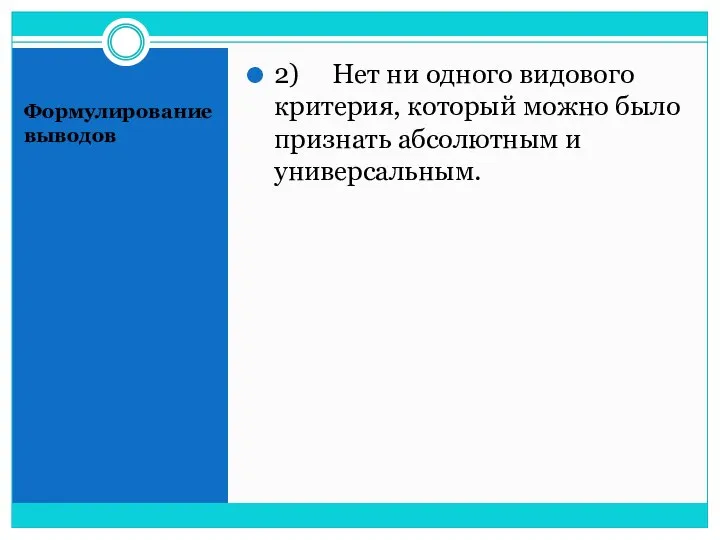 Формулирование выводов 2) Нет ни одного видового критерия, который можно было признать абсолютным и универсальным.