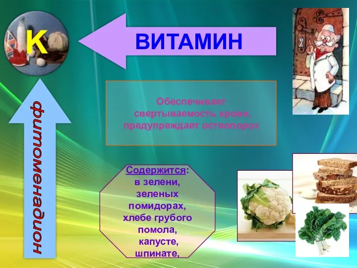 ВИТАМИН Обеспечивает свертываемость крови, предупреждает остеопороз Содержится: в зелени, зеленых помидорах,