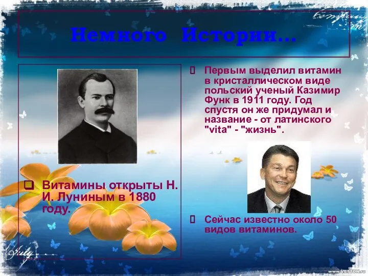 Немного Истории… Витамины открыты Н. И. Луниным в 1880 году. Первым