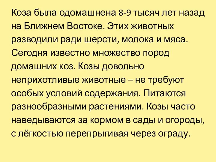 Коза была одомашнена 8-9 тысяч лет назад на Ближнем Востоке. Этих