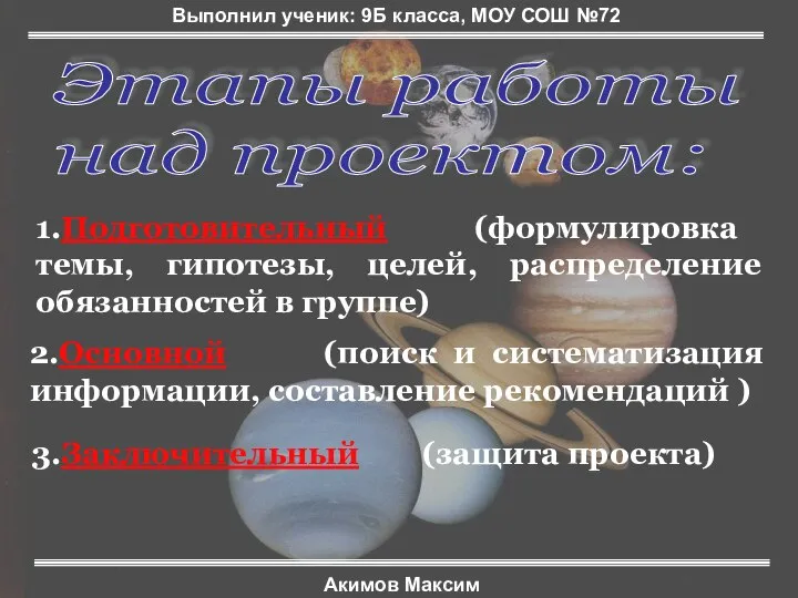 Этапы работы над проектом: 1.Подготовительный (формулировка темы, гипотезы, целей, распределение обязанностей