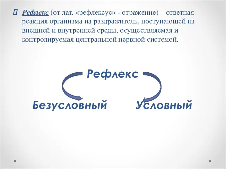 Рефлекс (от лат. «рефлексус» - отражение) – ответная реакция организма на