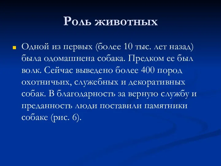 Роль животных Одной из первых (более 10 тыс. лет назад) была