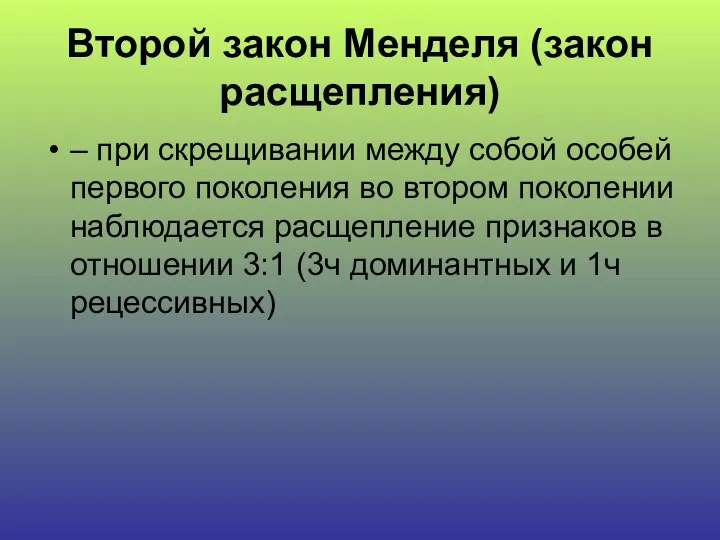 Второй закон Менделя (закон расщепления) – при скрещивании между собой особей