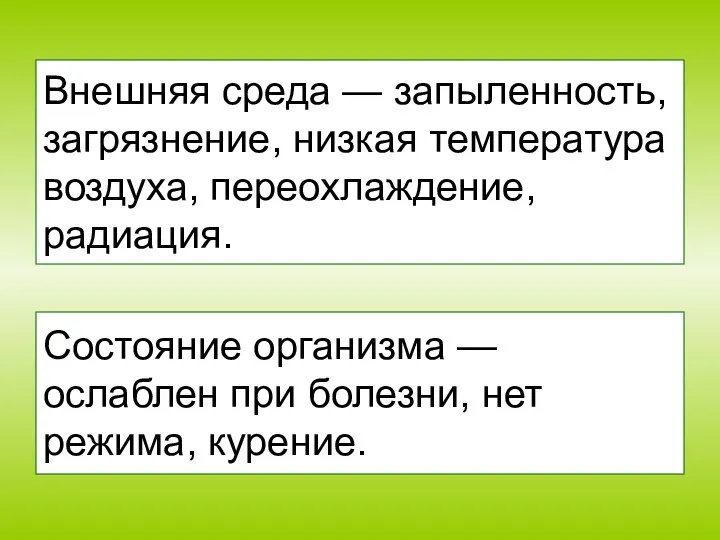 Внешняя среда — запыленность, загрязнение, низкая температура воздуха, переохлаждение, радиация. Состояние