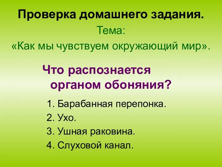 Проверка домашнего задания. Тема: «Как мы чувствуем окружающий мир». 1. Барабанная