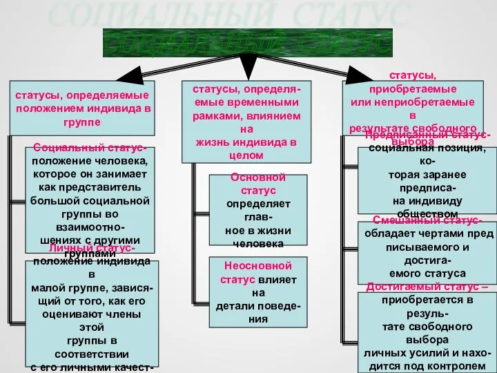 СОЦИАЛЬНЫЙ СТАТУС статусы, определяемые положением индивида в группе статусы, определя- емые