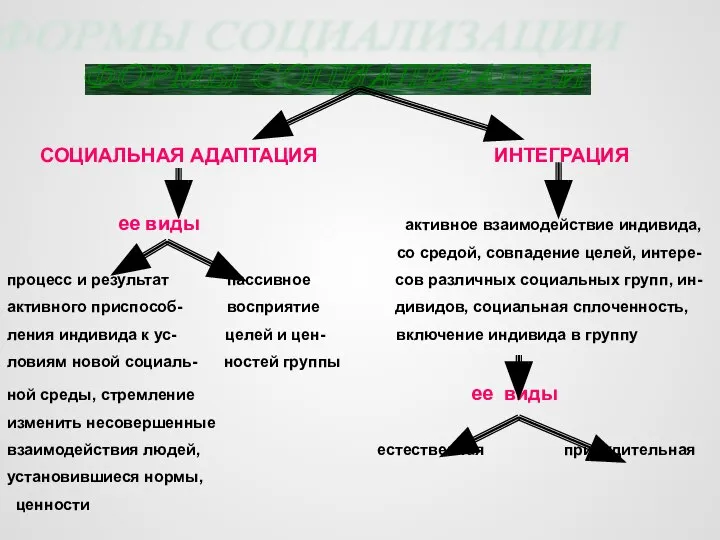 ФОРМЫ СОЦИАЛИЗАЦИИ СОЦИАЛЬНАЯ АДАПТАЦИЯ ИНТЕГРАЦИЯ ее виды активное взаимодействие индивида, со