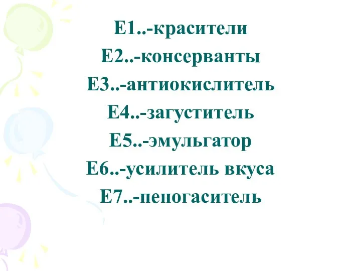 Е1..-красители Е2..-консерванты Е3..-антиокислитель Е4..-загуститель Е5..-эмульгатор Е6..-усилитель вкуса Е7..-пеногаситель