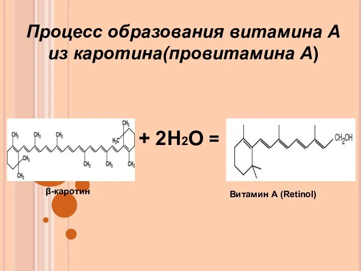 Процесс образования витамина А из каротина(провитамина А) + 2Н2О = Витамин А (Retinol) β-каротин