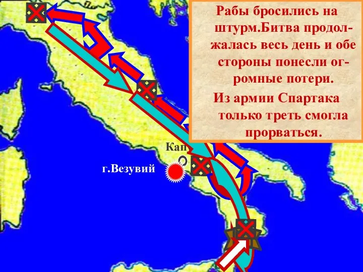 Капуя г.Везувий Рабы бросились на штурм.Битва продол-жалась весь день и обе