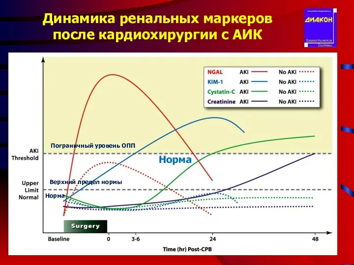 Динамика ренальных маркеров после кардиохирургии с АИК Пограничный уровень ОПП Верхний предел нормы Норма Норма