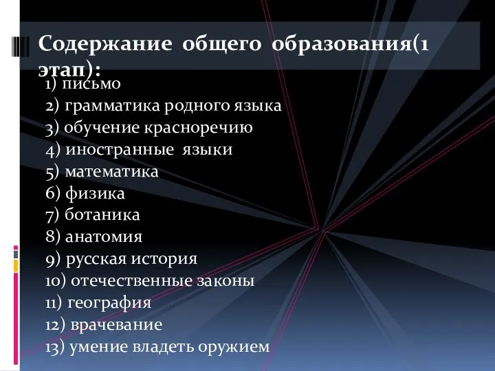 1) письмо 2) грамматика родного языка 3) обучение красноречию 4) иностранные