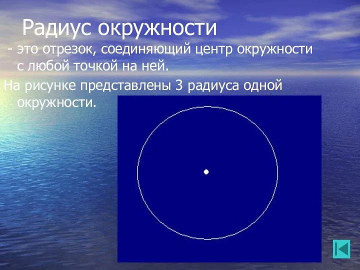 Радиус окружности - это отрезок, соединяющий центр окружности с любой точкой