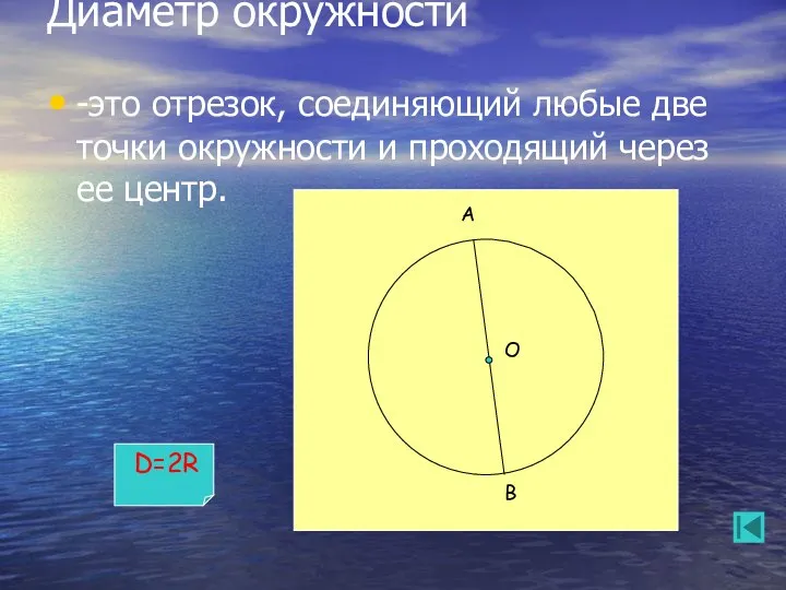 D=2R Диаметр окружности -это отрезок, соединяющий любые две точки окружности и