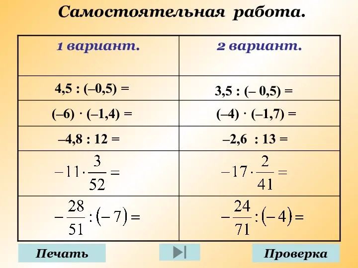 Самостоятельная работа. 4,5 : (–0,5) = 3,5 : (– 0,5) =