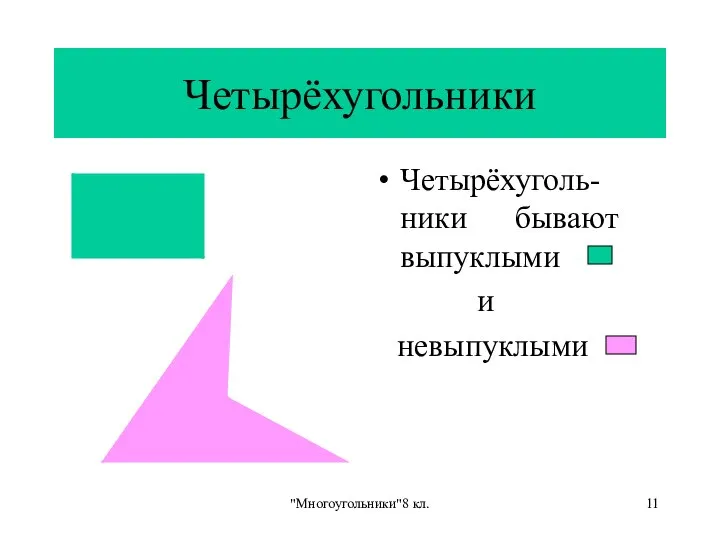 "Многоугольники"8 кл. Четырёхугольники Четырёхуголь-ники бывают выпуклыми и невыпуклыми