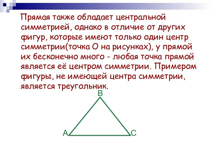 Прямая также обладает центральной симметрией, однако в отличие от других фигур,