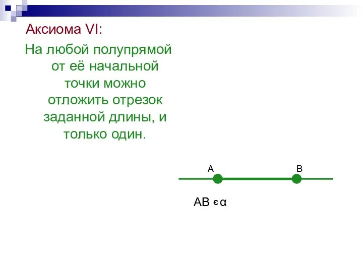 Аксиома VI: На любой полупрямой от её начальной точки можно отложить